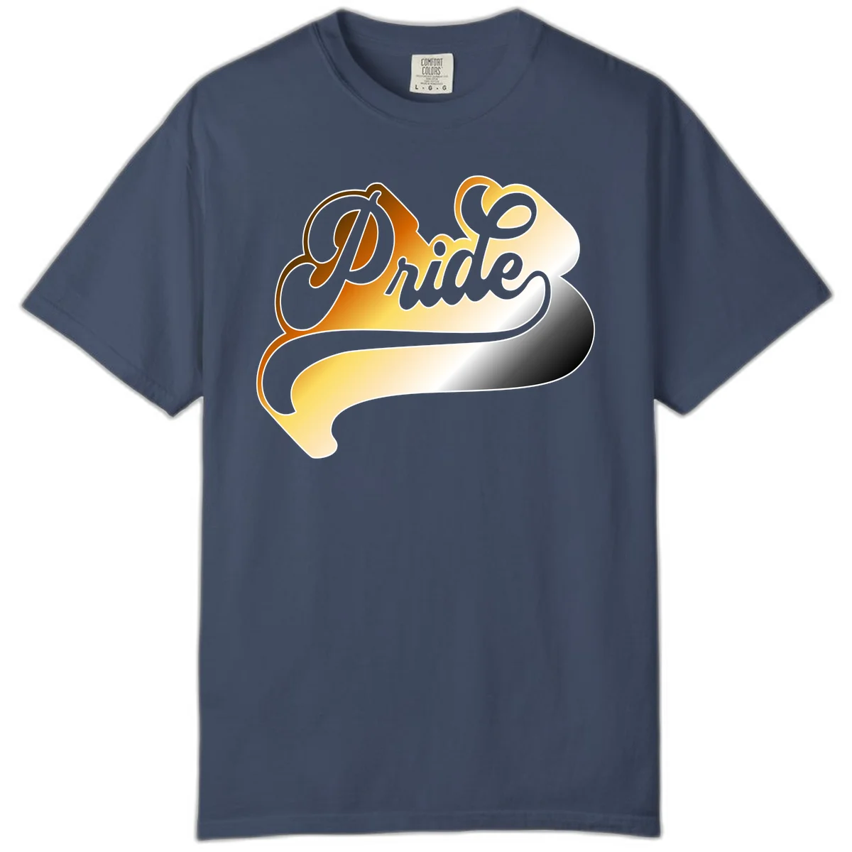 Pride script gradient design with elegant gray lettering on warm orange-to-cream flowing ribbon background in Midnight