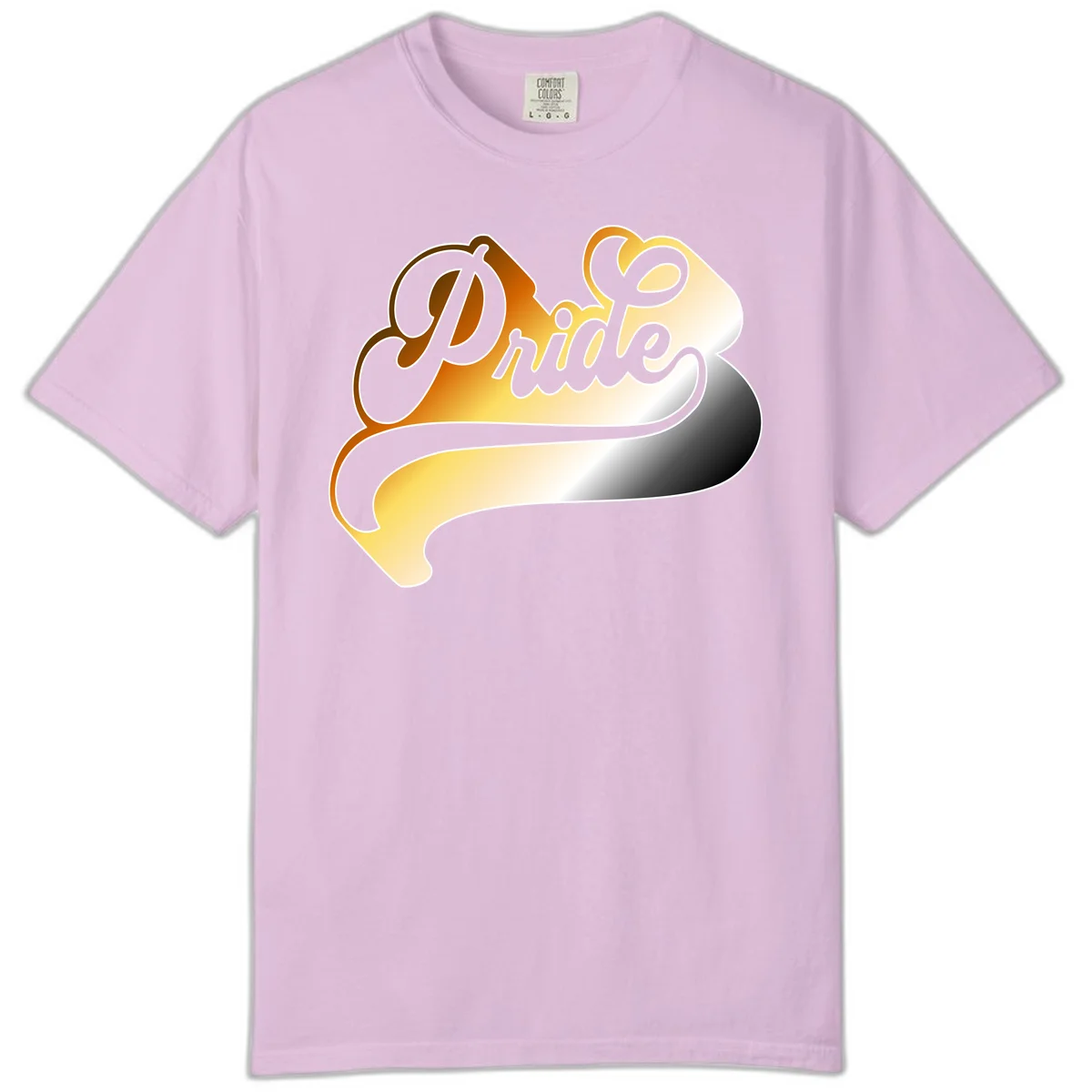 Pride script gradient design with elegant gray lettering on warm orange-to-cream flowing ribbon background in Orchid