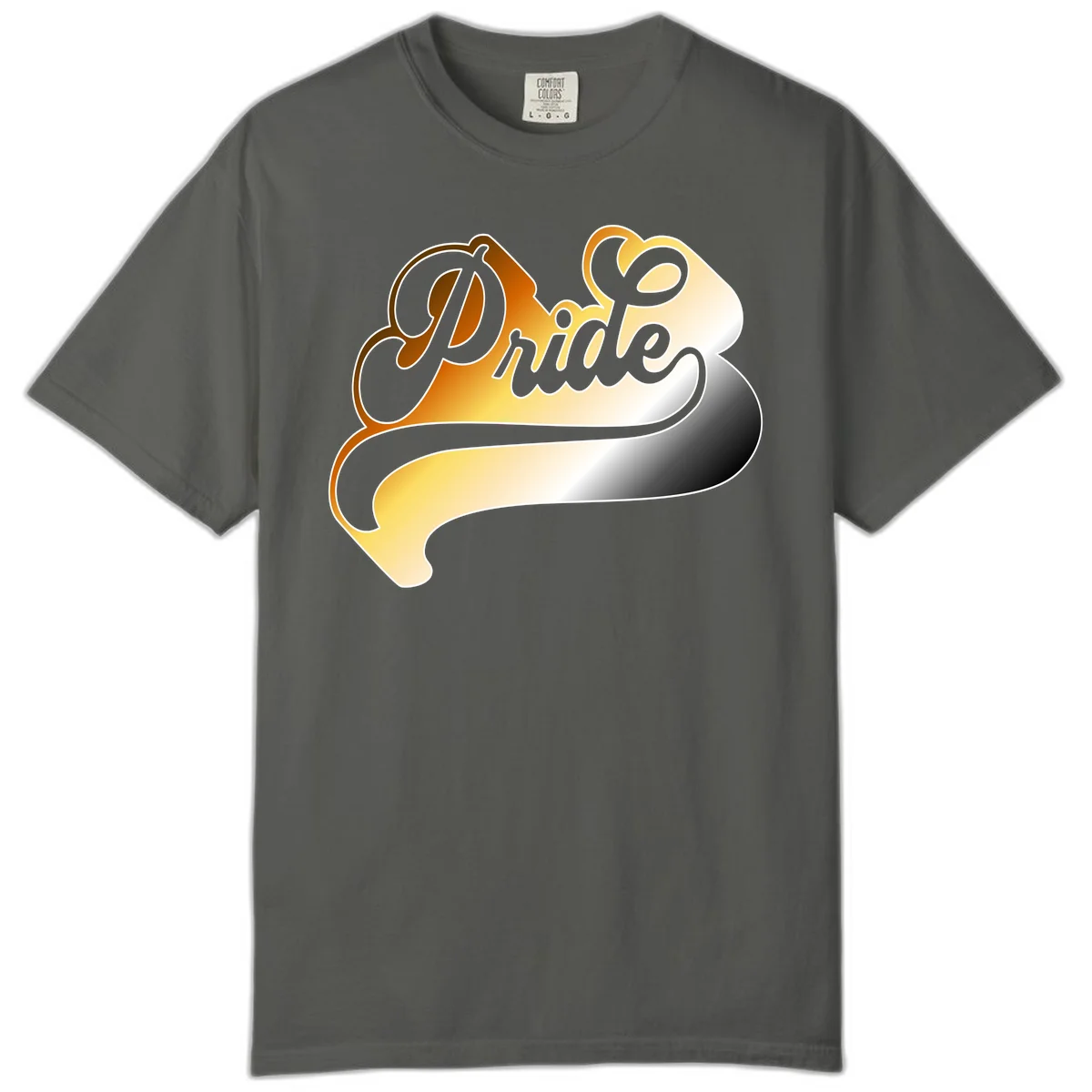 Pride script gradient design with elegant gray lettering on warm orange-to-cream flowing ribbon background in Pepper