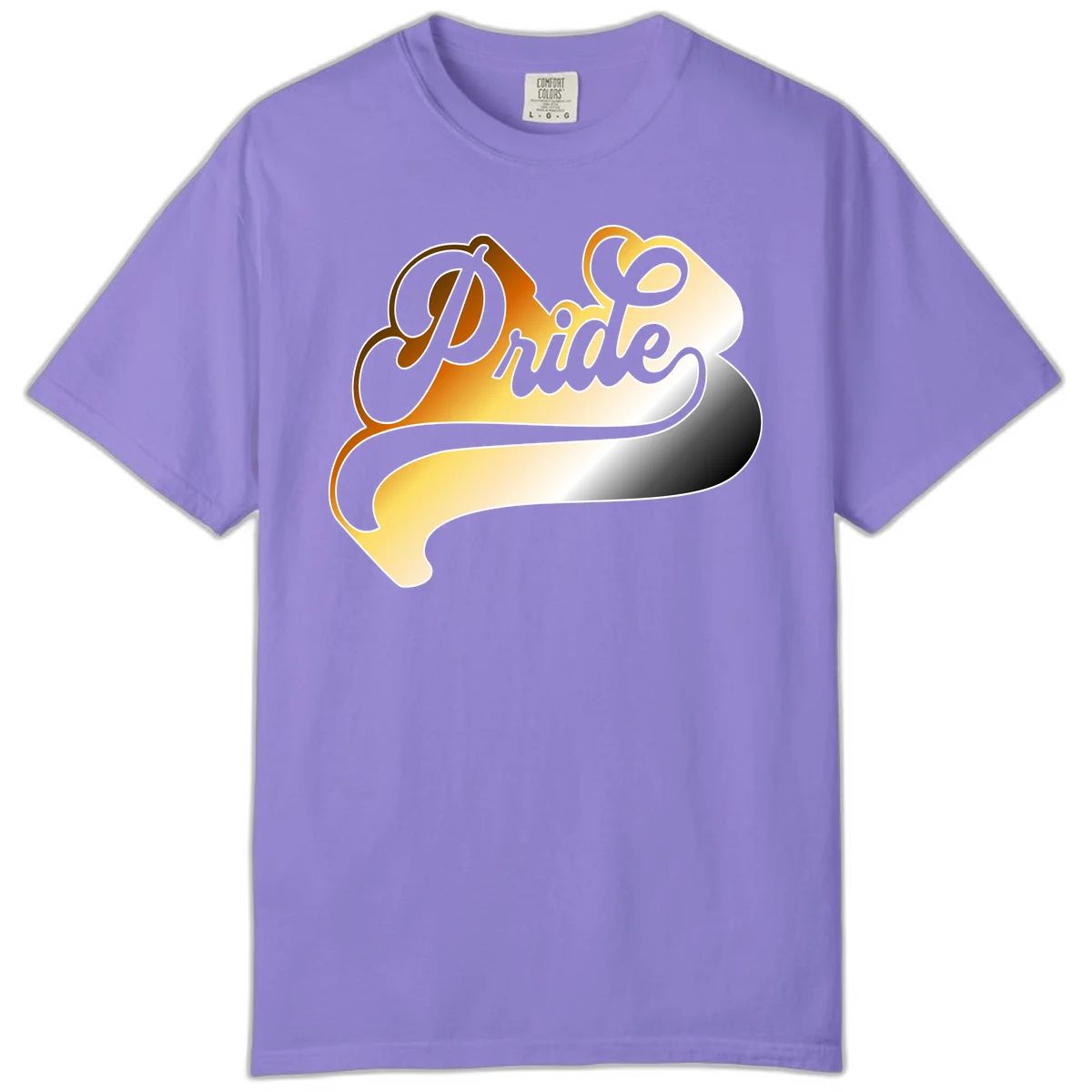 Pride script gradient design with elegant gray lettering on warm orange-to-cream flowing ribbon background in Violet