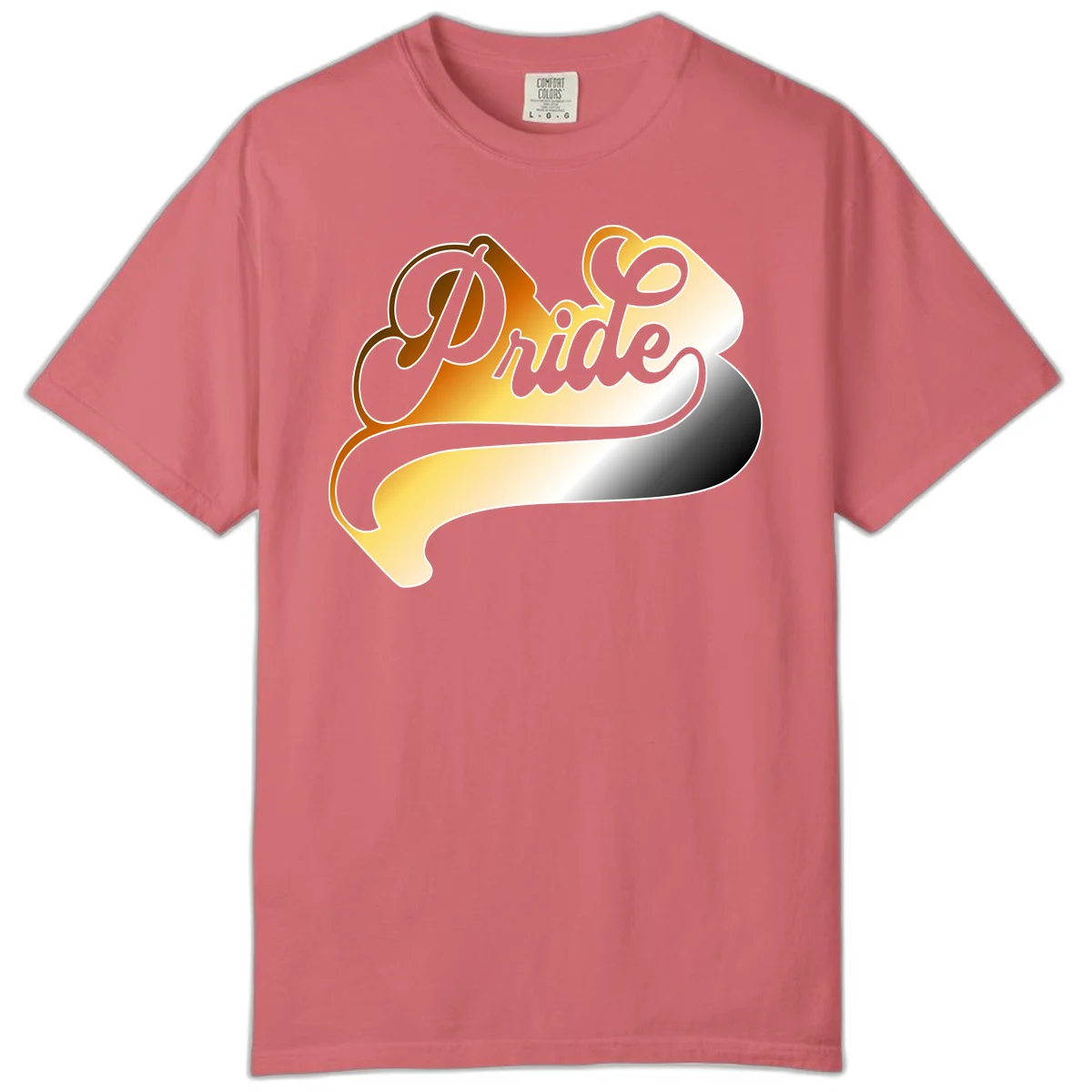 Pride script gradient design with elegant gray lettering on warm orange-to-cream flowing ribbon background in Watermelon