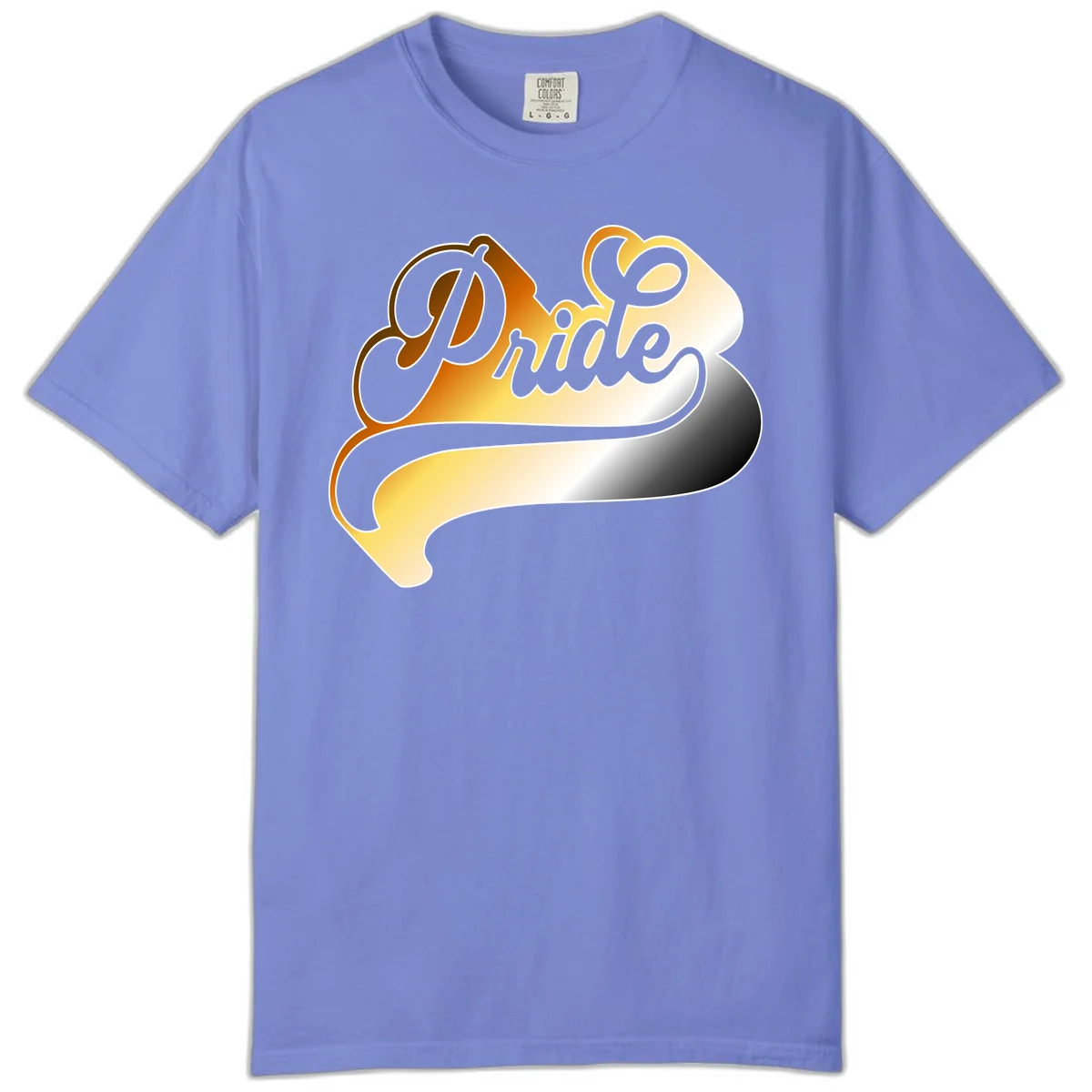 Pride script gradient design with elegant gray lettering on warm orange-to-cream flowing ribbon background in Flo Blue