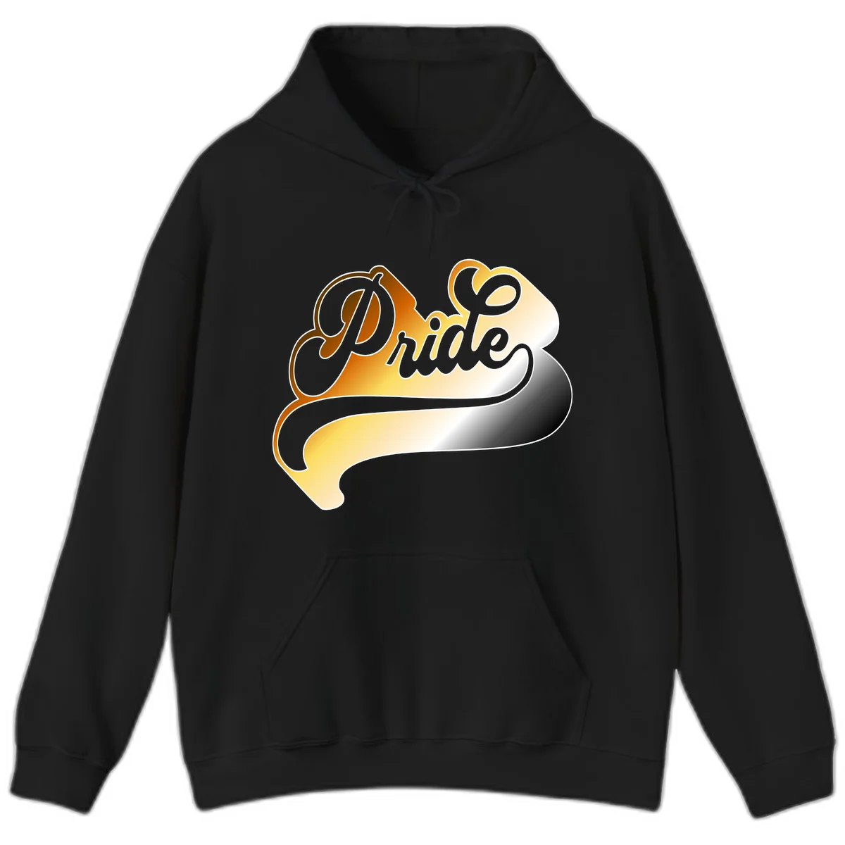 Pride script gradient design with elegant gray lettering on warm orange-to-cream flowing ribbon background in Black