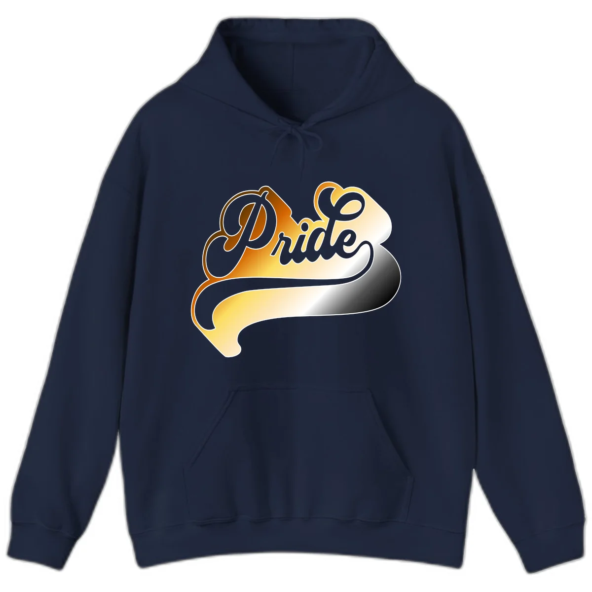 Pride script gradient design with elegant gray lettering on warm orange-to-cream flowing ribbon background in Navy