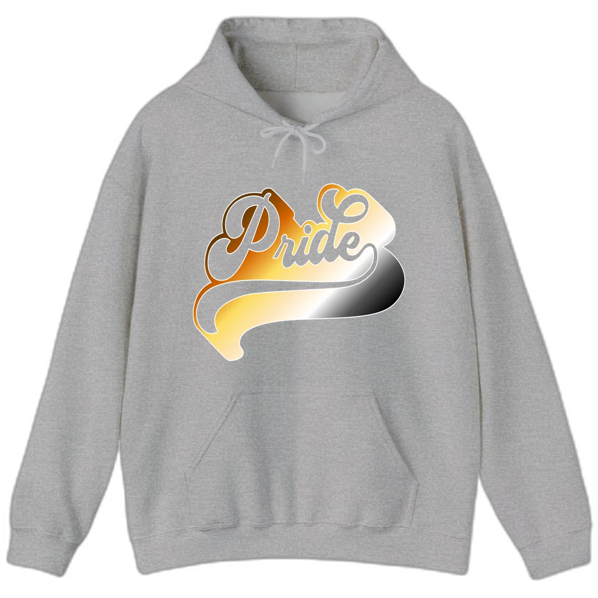 Pride script gradient design with elegant gray lettering on warm orange-to-cream flowing ribbon background in Sport Grey