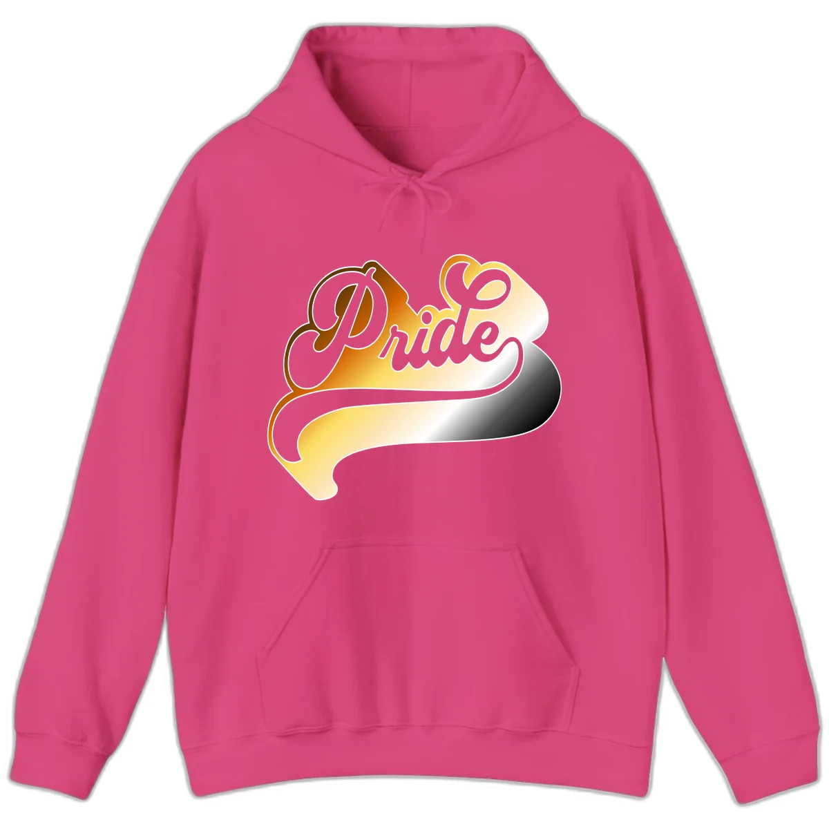 Pride script gradient design with elegant gray lettering on warm orange-to-cream flowing ribbon background in Heliconia