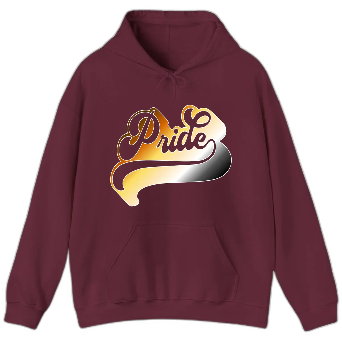 Pride script gradient design with elegant gray lettering on warm orange-to-cream flowing ribbon background in Maroon