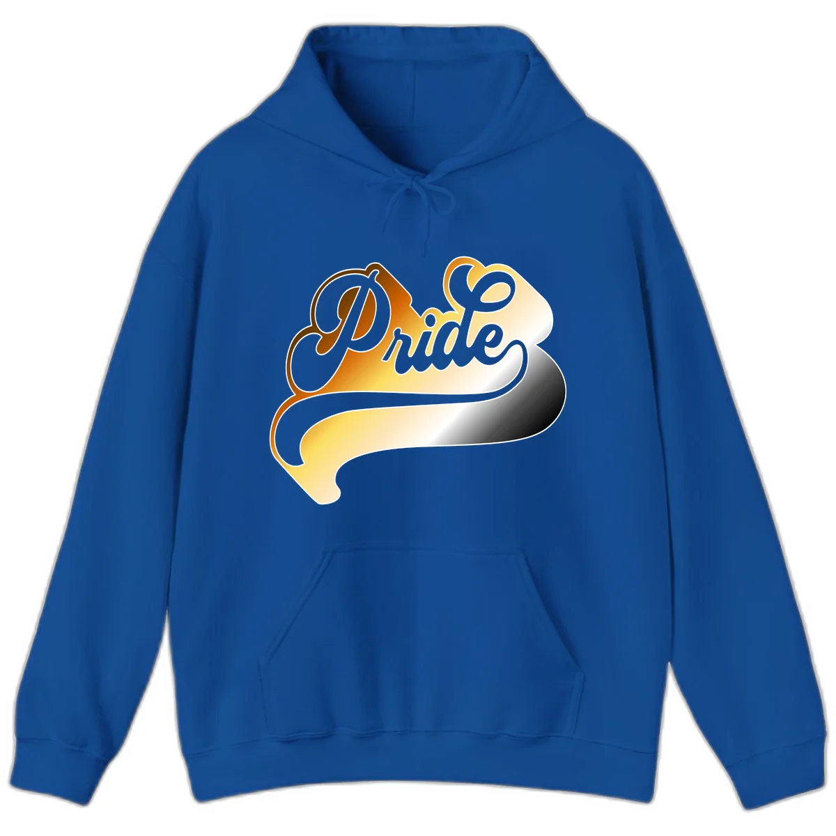 Pride script gradient design with elegant gray lettering on warm orange-to-cream flowing ribbon background in Royal