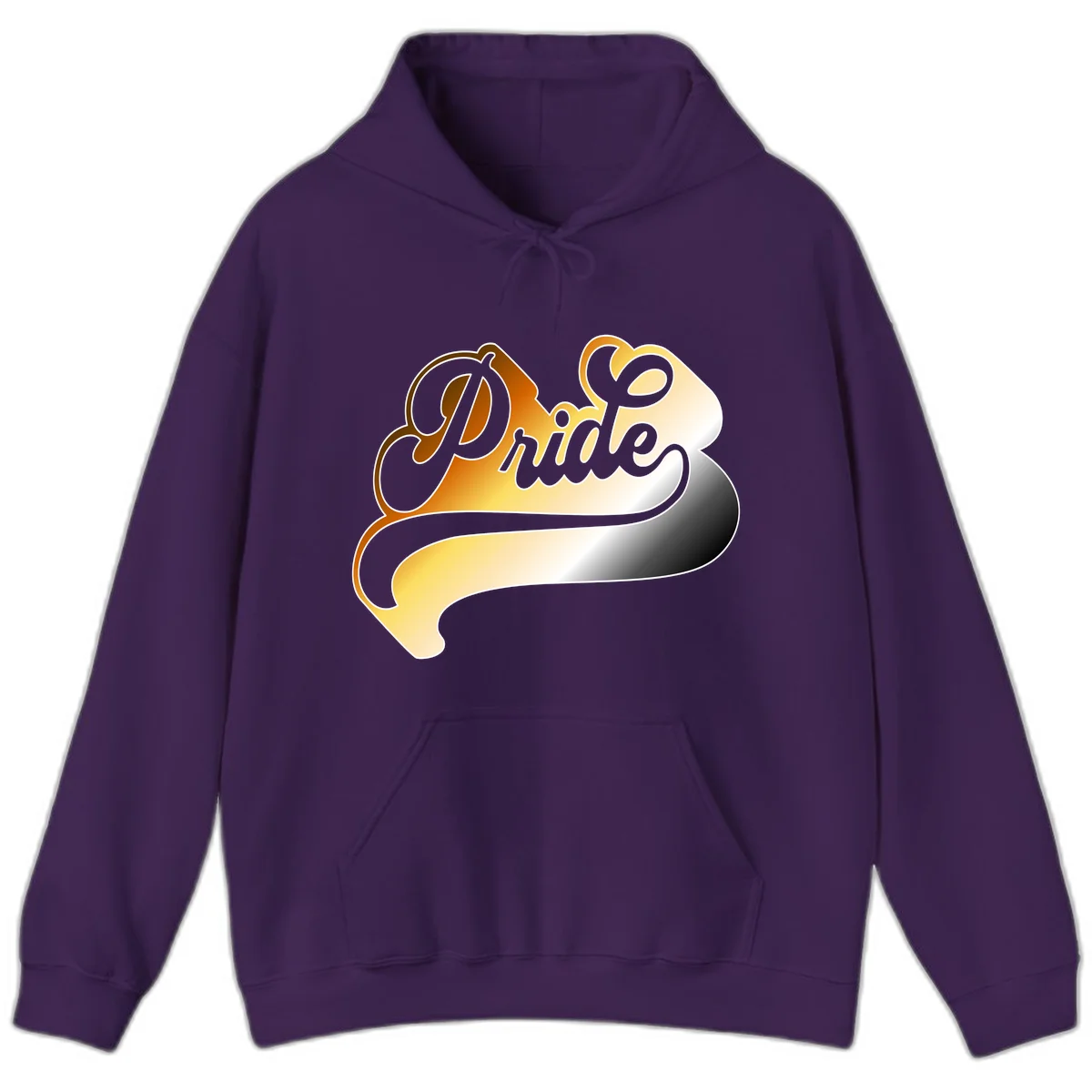 Pride script gradient design with elegant gray lettering on warm orange-to-cream flowing ribbon background in Purple