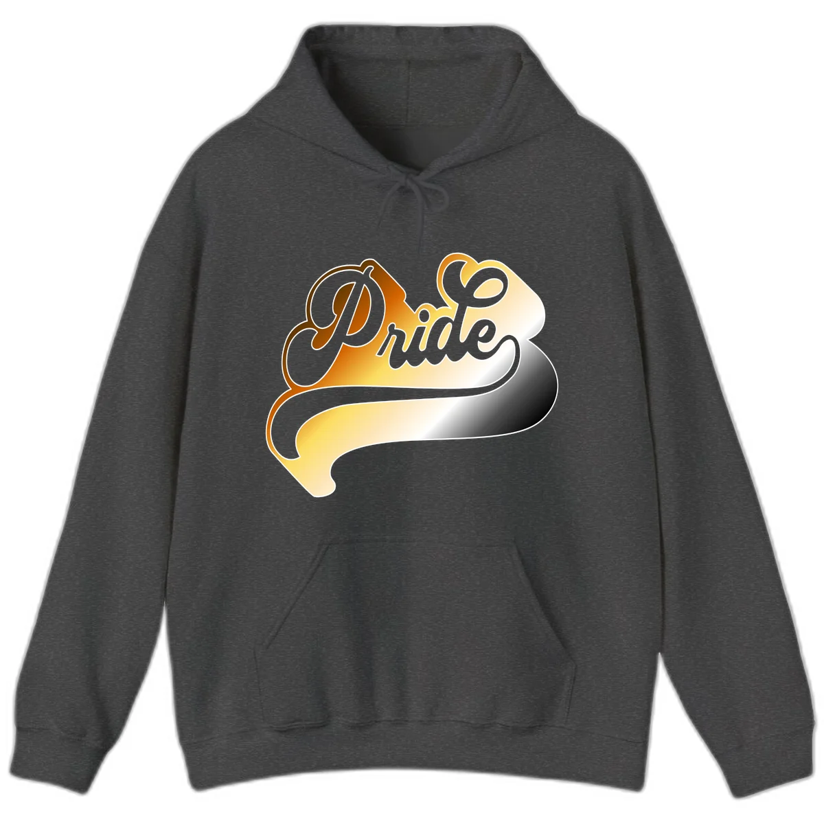 Pride script gradient design with elegant gray lettering on warm orange-to-cream flowing ribbon background in Dark Heather