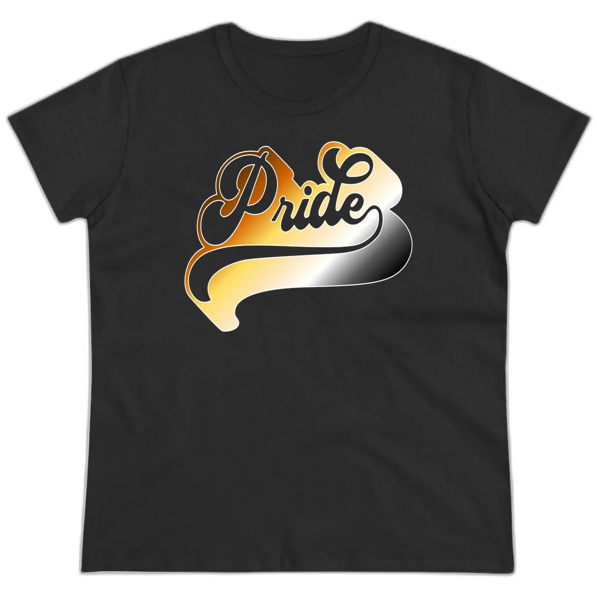 Pride script gradient design with elegant gray lettering on warm orange-to-cream flowing ribbon background in Black