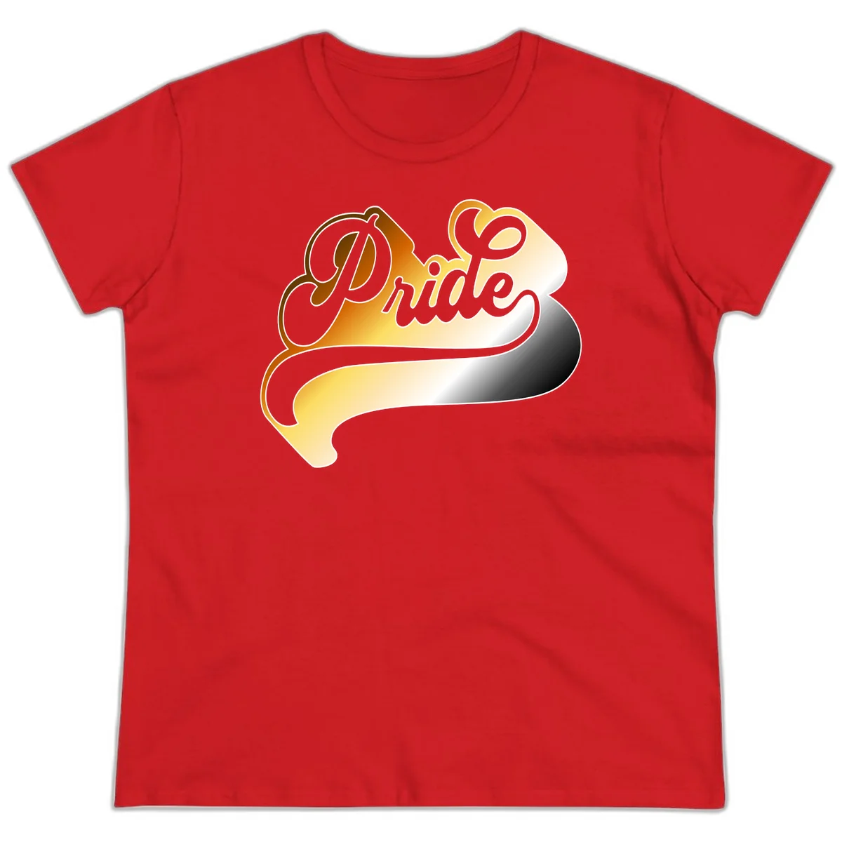 Pride script gradient design with elegant gray lettering on warm orange-to-cream flowing ribbon background in Red