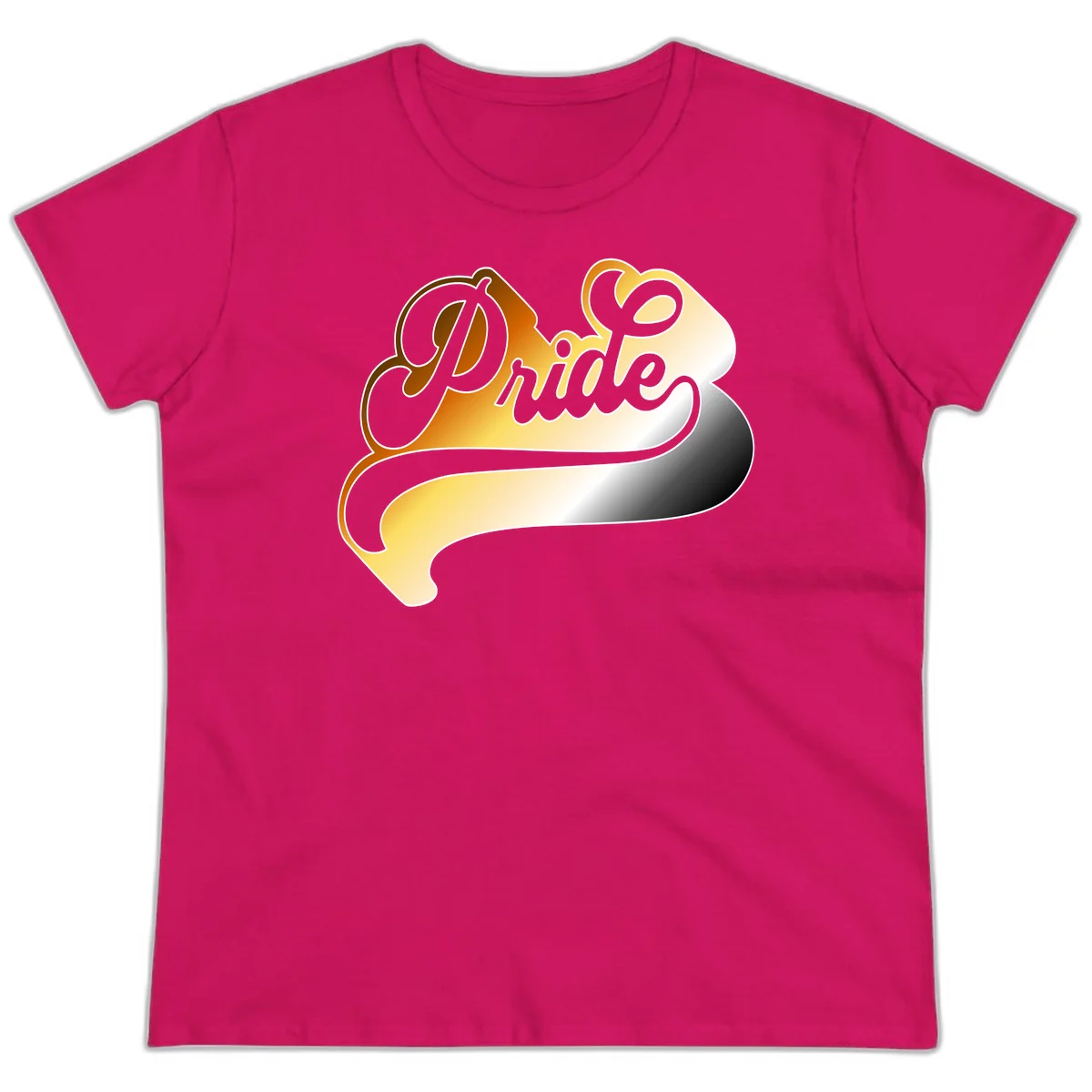 Pride script gradient design with elegant gray lettering on warm orange-to-cream flowing ribbon background in Heliconia