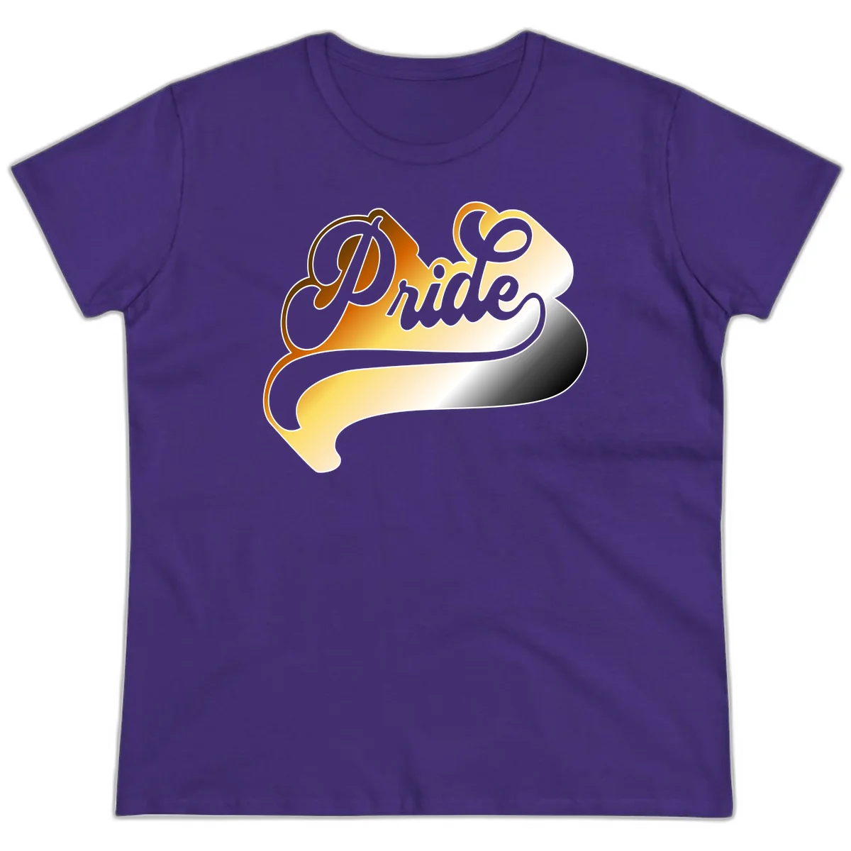 Pride script gradient design with elegant gray lettering on warm orange-to-cream flowing ribbon background in Purple