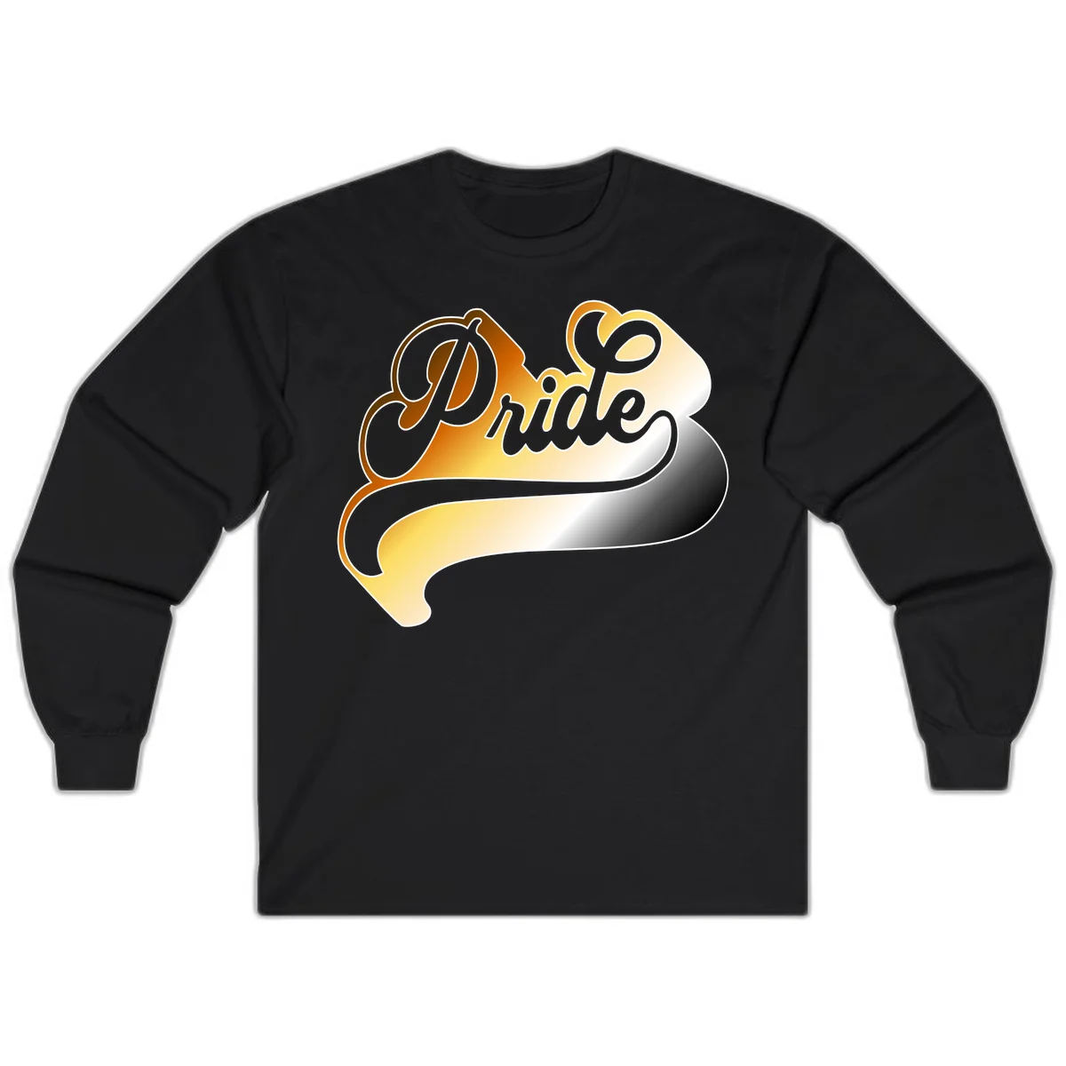 Pride script gradient design with elegant gray lettering on warm orange-to-cream flowing ribbon background in Black