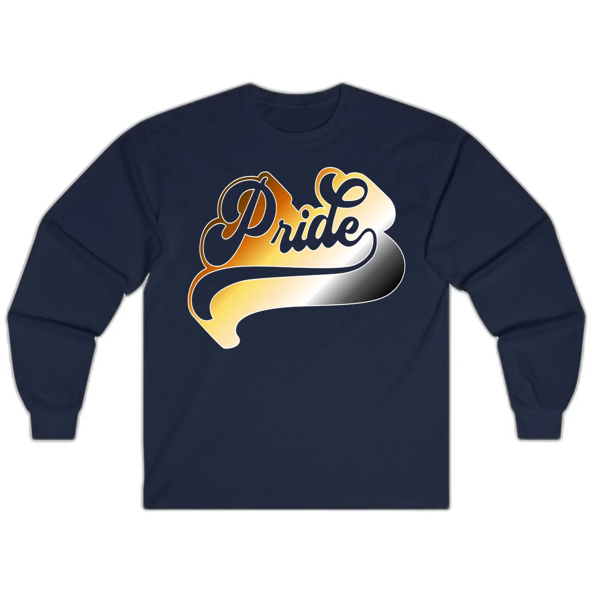 Pride script gradient design with elegant gray lettering on warm orange-to-cream flowing ribbon background in Navy