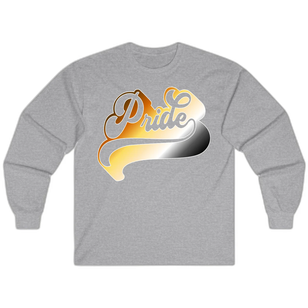 Pride script gradient design with elegant gray lettering on warm orange-to-cream flowing ribbon background in Sport Grey