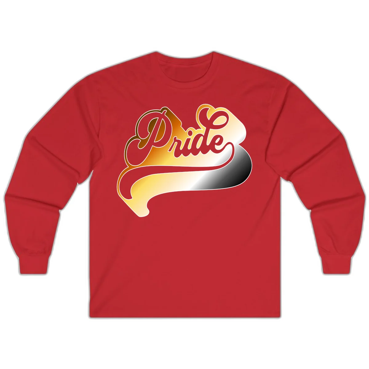 Pride script gradient design with elegant gray lettering on warm orange-to-cream flowing ribbon background in Red