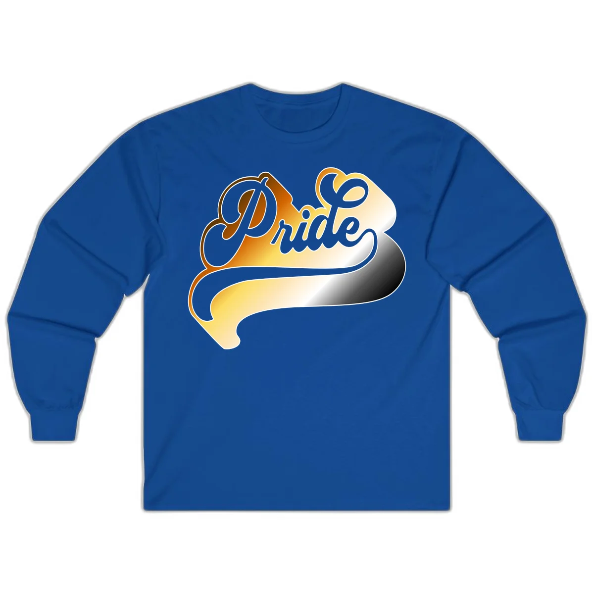 Pride script gradient design with elegant gray lettering on warm orange-to-cream flowing ribbon background in Royal