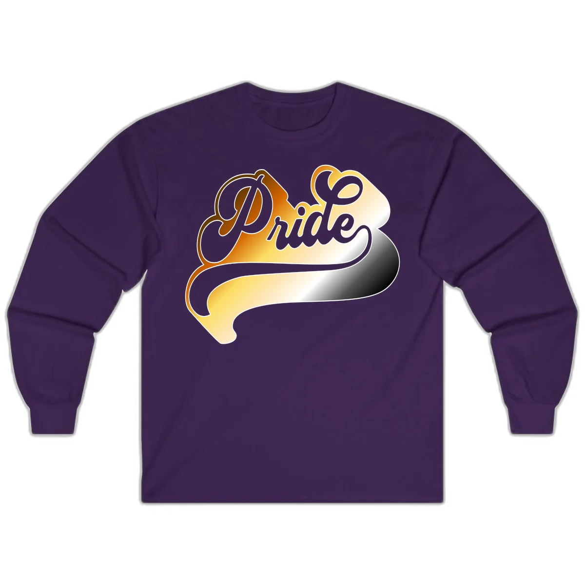 Pride script gradient design with elegant gray lettering on warm orange-to-cream flowing ribbon background in Purple