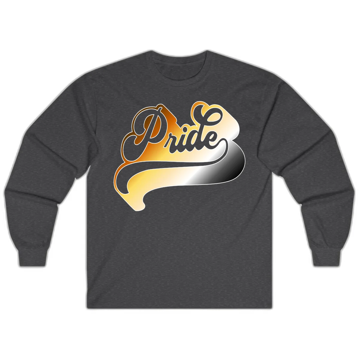 Pride script gradient design with elegant gray lettering on warm orange-to-cream flowing ribbon background in Dark Heather