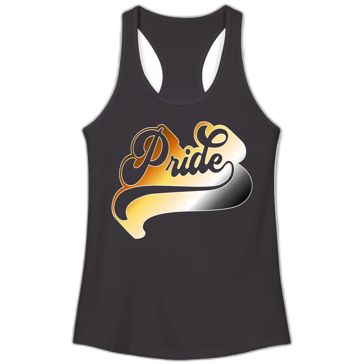 Pride script gradient design with elegant gray lettering on warm orange-to-cream flowing ribbon background in Black