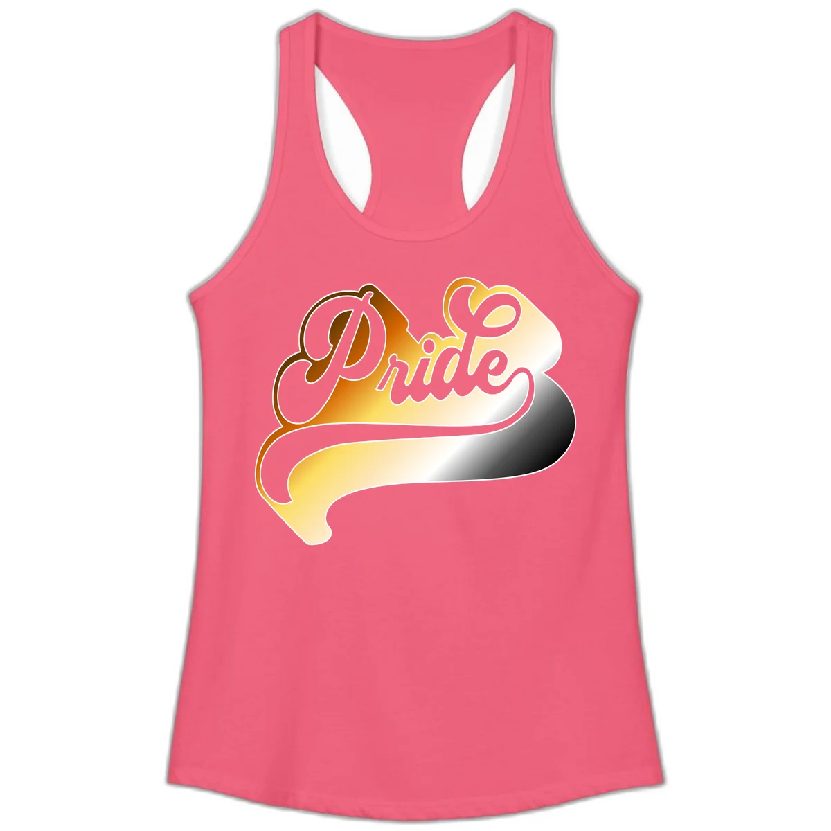 Pride script gradient design with elegant gray lettering on warm orange-to-cream flowing ribbon background in Hot Pink