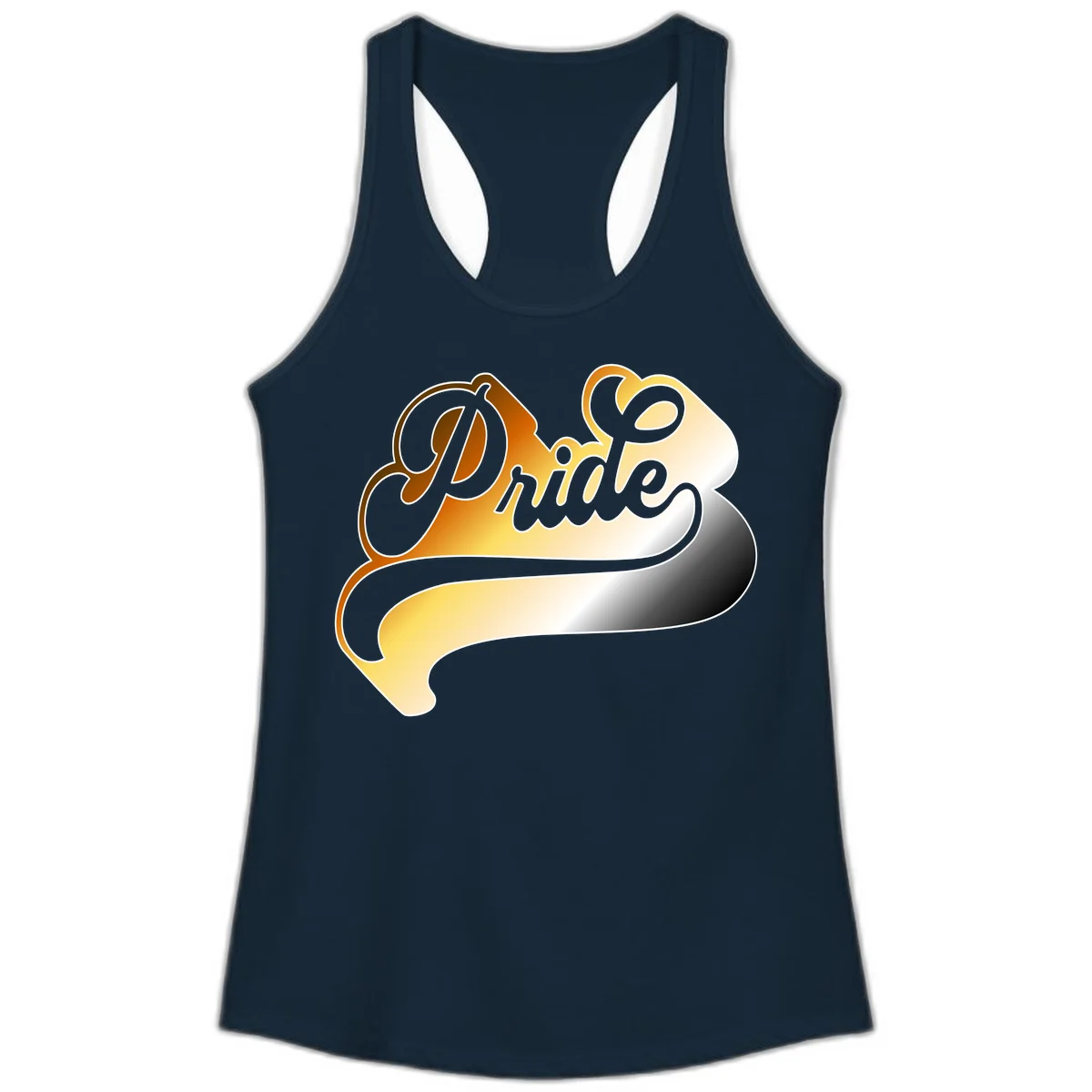 Pride script gradient design with elegant gray lettering on warm orange-to-cream flowing ribbon background in Solid Midnight Navy
