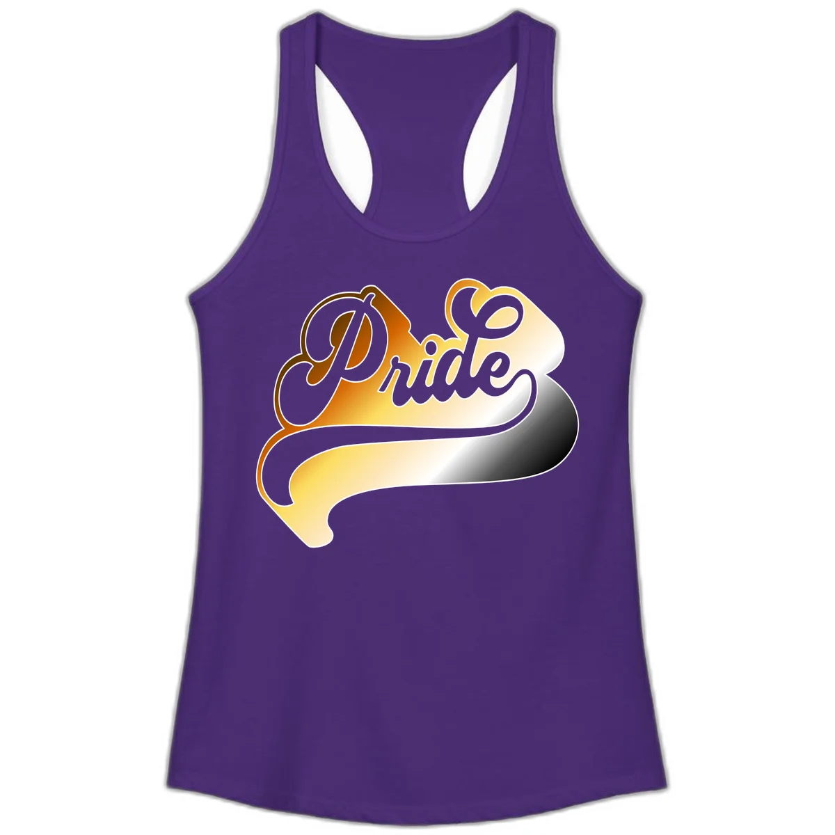 Pride script gradient design with elegant gray lettering on warm orange-to-cream flowing ribbon background in Solid Purple Rush