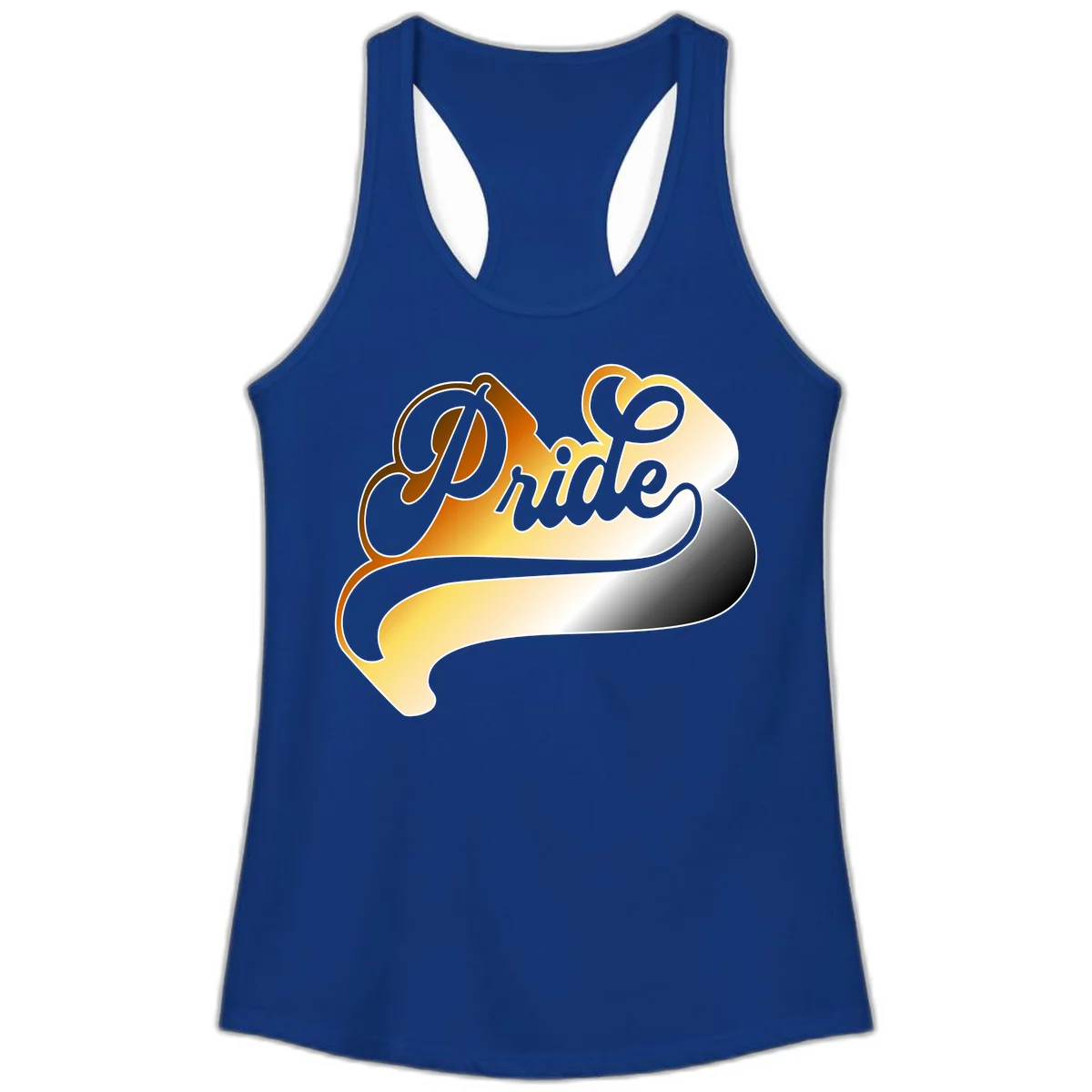 Pride script gradient design with elegant gray lettering on warm orange-to-cream flowing ribbon background in Solid Royal