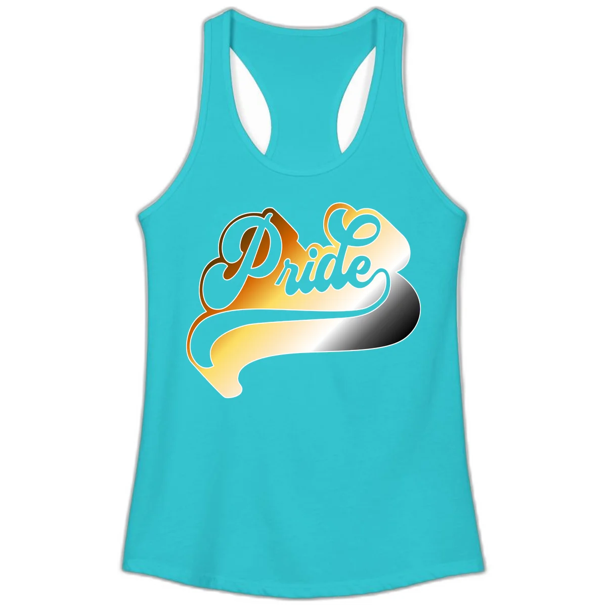 Pride script gradient design with elegant gray lettering on warm orange-to-cream flowing ribbon background in Solid Tahiti Blue