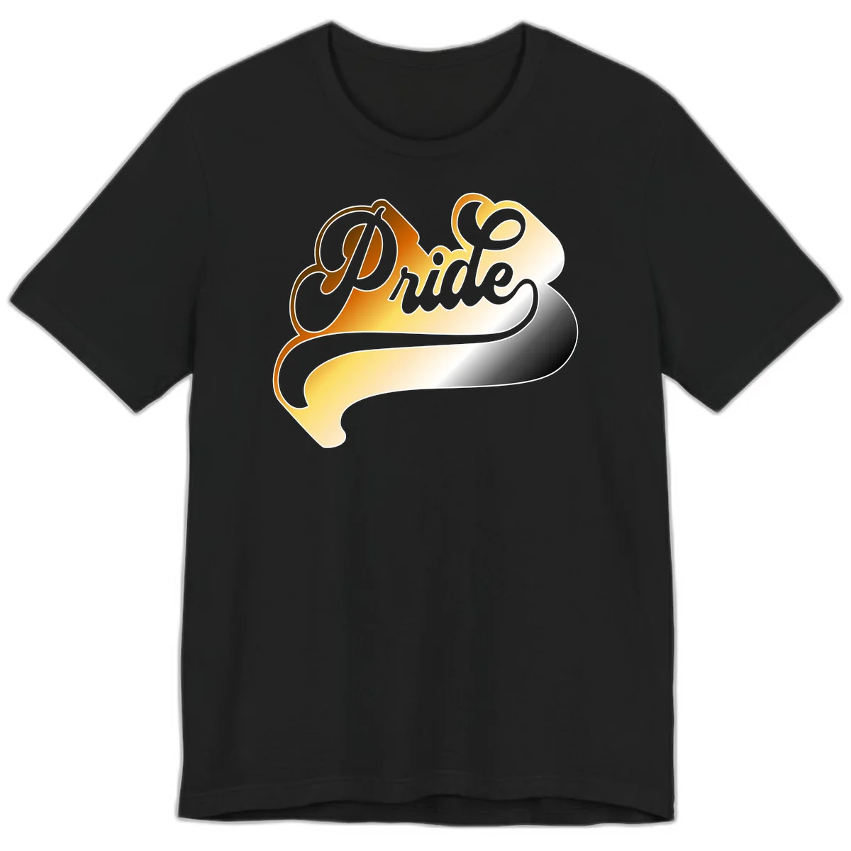 Pride script gradient design with elegant gray lettering on warm orange-to-cream flowing ribbon background in Black