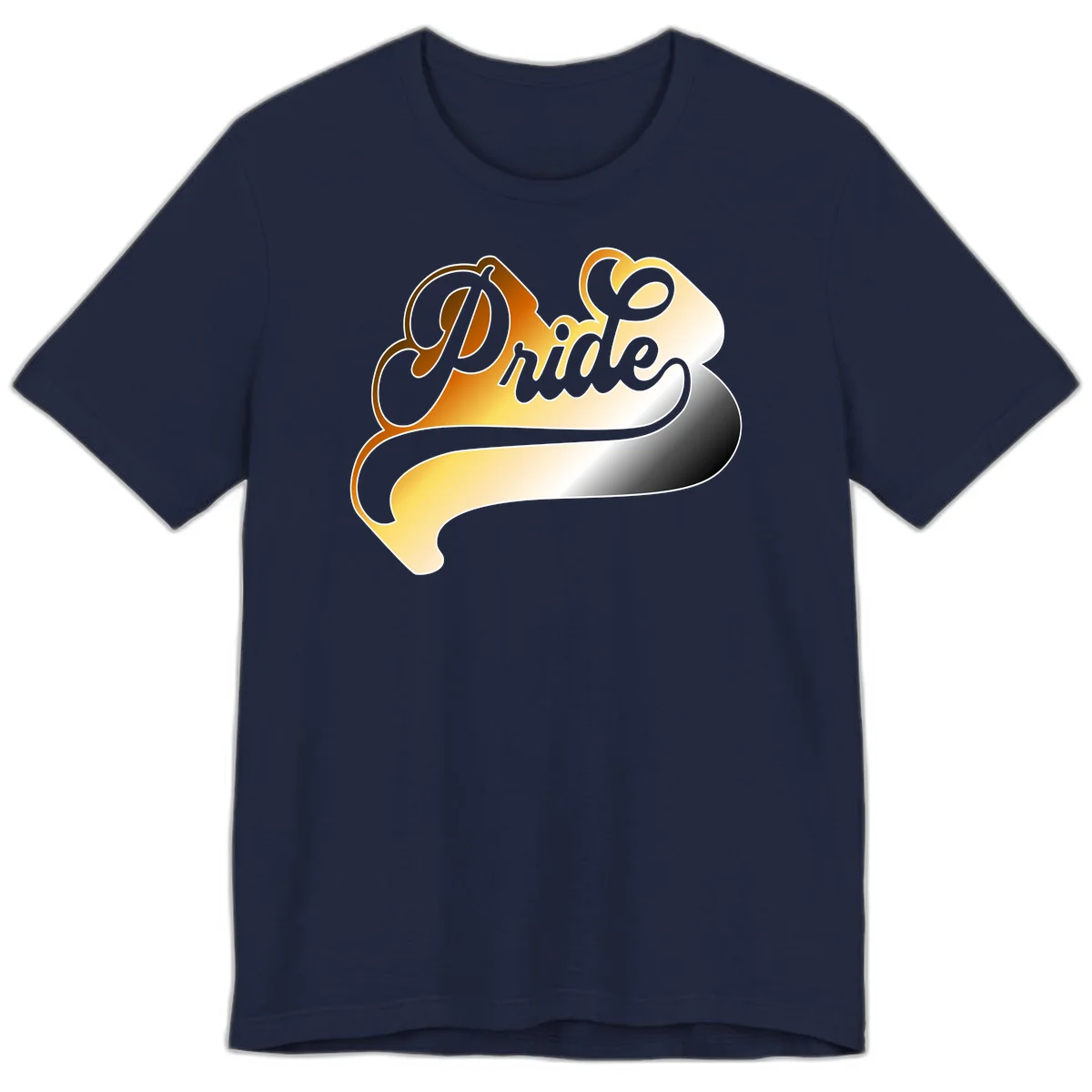 Pride script gradient design with elegant gray lettering on warm orange-to-cream flowing ribbon background in Navy