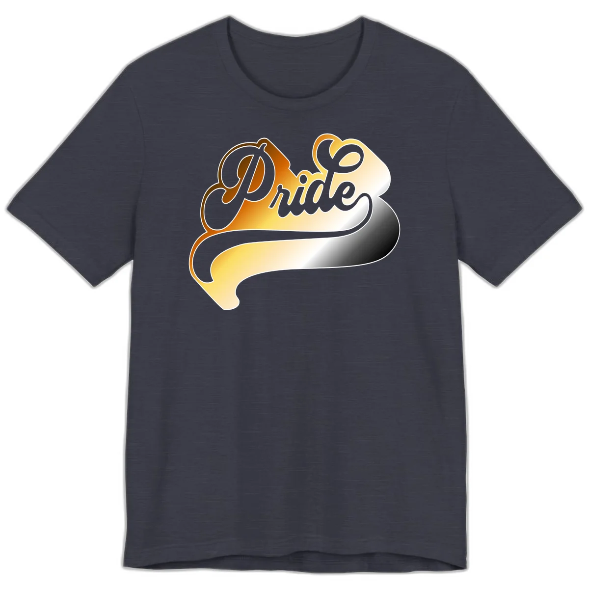 Pride script gradient design with elegant gray lettering on warm orange-to-cream flowing ribbon background in Heather Midnight Navy