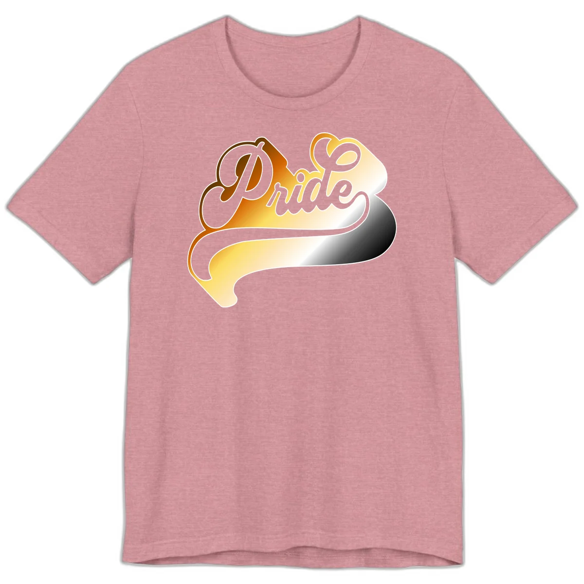 Pride script gradient design with elegant gray lettering on warm orange-to-cream flowing ribbon background in Heather Orchid