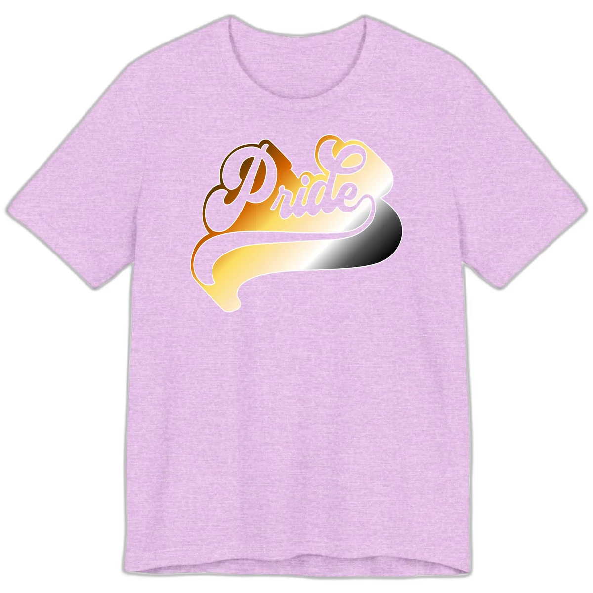 Pride script gradient design with elegant gray lettering on warm orange-to-cream flowing ribbon background in Heather Prism Lilac