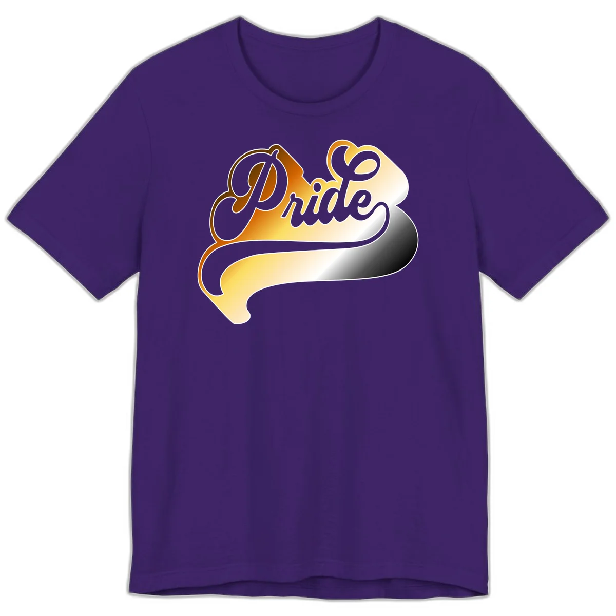 Pride script gradient design with elegant gray lettering on warm orange-to-cream flowing ribbon background in Team Purple