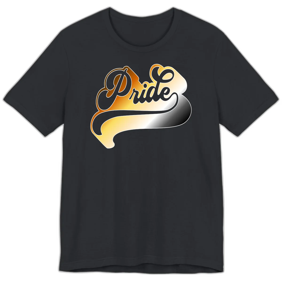 Pride script gradient design with elegant gray lettering on warm orange-to-cream flowing ribbon background in Vintage Black