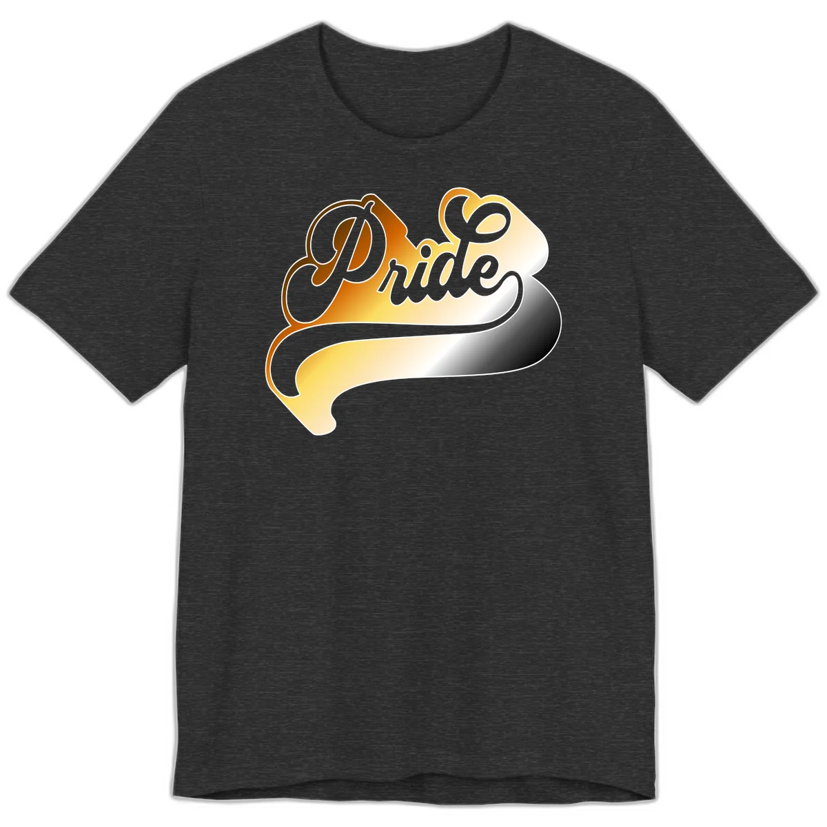 Pride script gradient design with elegant gray lettering on warm orange-to-cream flowing ribbon background in Dark Grey Heather