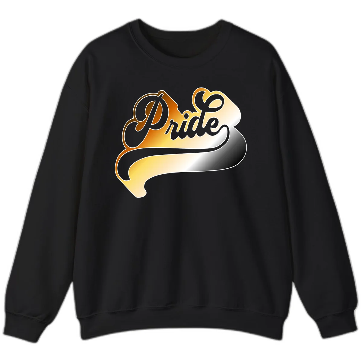 Pride script gradient design with elegant gray lettering on warm orange-to-cream flowing ribbon background in Black