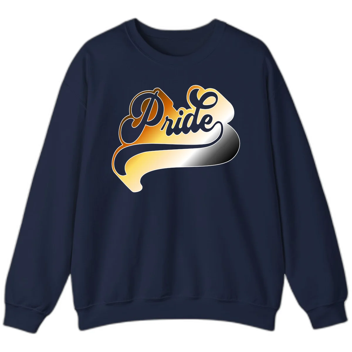 Pride script gradient design with elegant gray lettering on warm orange-to-cream flowing ribbon background in Navy