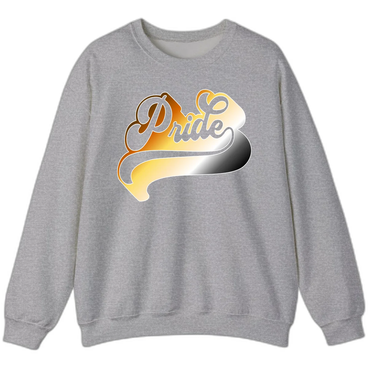 Pride script gradient design with elegant gray lettering on warm orange-to-cream flowing ribbon background in Sport Grey