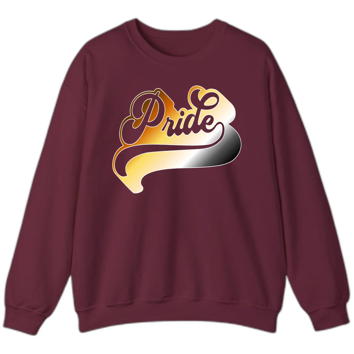 Pride script gradient design with elegant gray lettering on warm orange-to-cream flowing ribbon background in Maroon