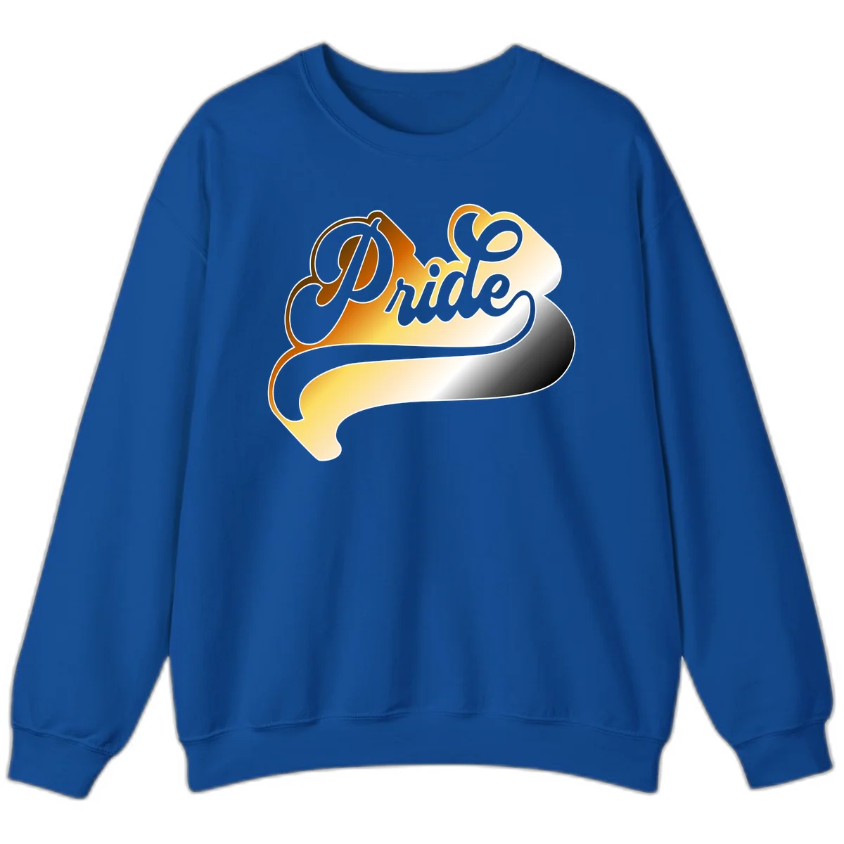 Pride script gradient design with elegant gray lettering on warm orange-to-cream flowing ribbon background in Royal