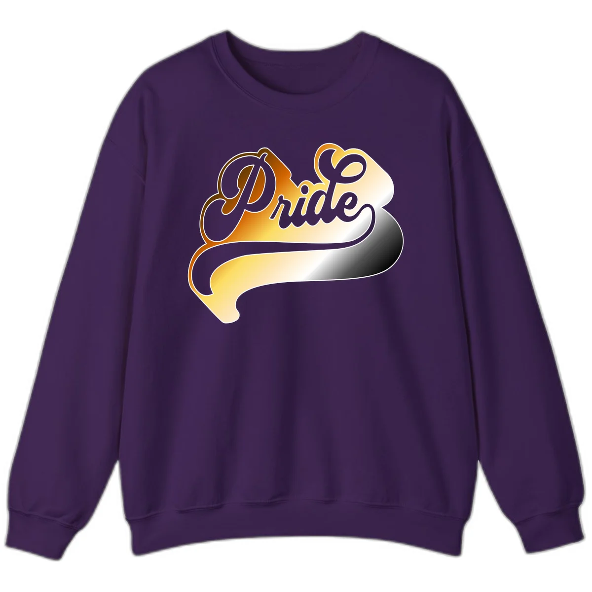 Pride script gradient design with elegant gray lettering on warm orange-to-cream flowing ribbon background in Purple