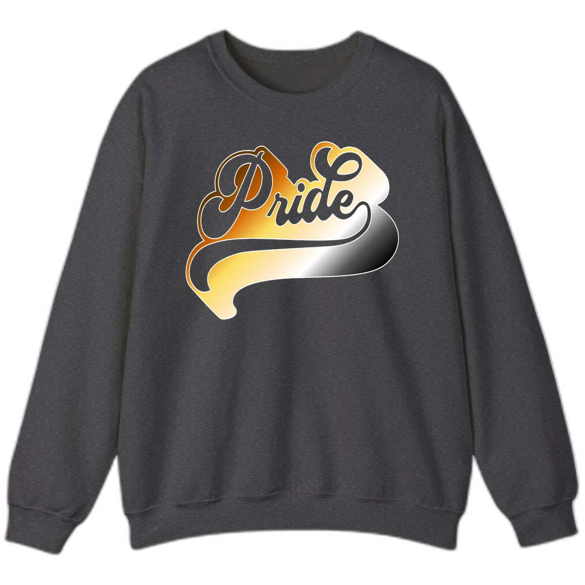 Pride script gradient design with elegant gray lettering on warm orange-to-cream flowing ribbon background in Dark Heather