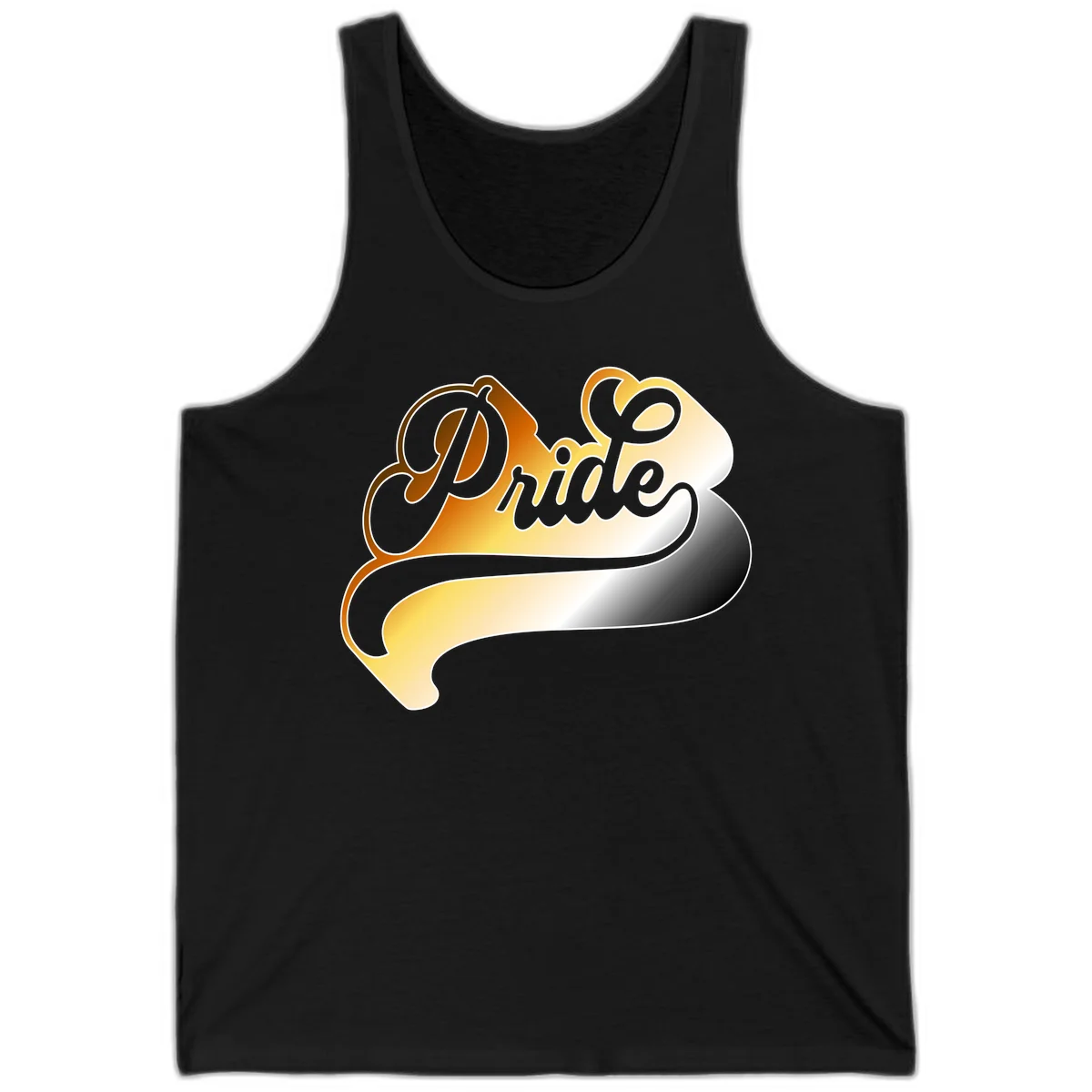 Pride script gradient design with elegant gray lettering on warm orange-to-cream flowing ribbon background in Black