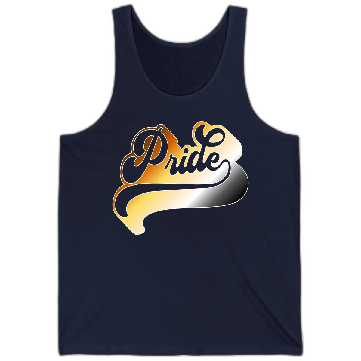 Pride script gradient design with elegant gray lettering on warm orange-to-cream flowing ribbon background in Navy