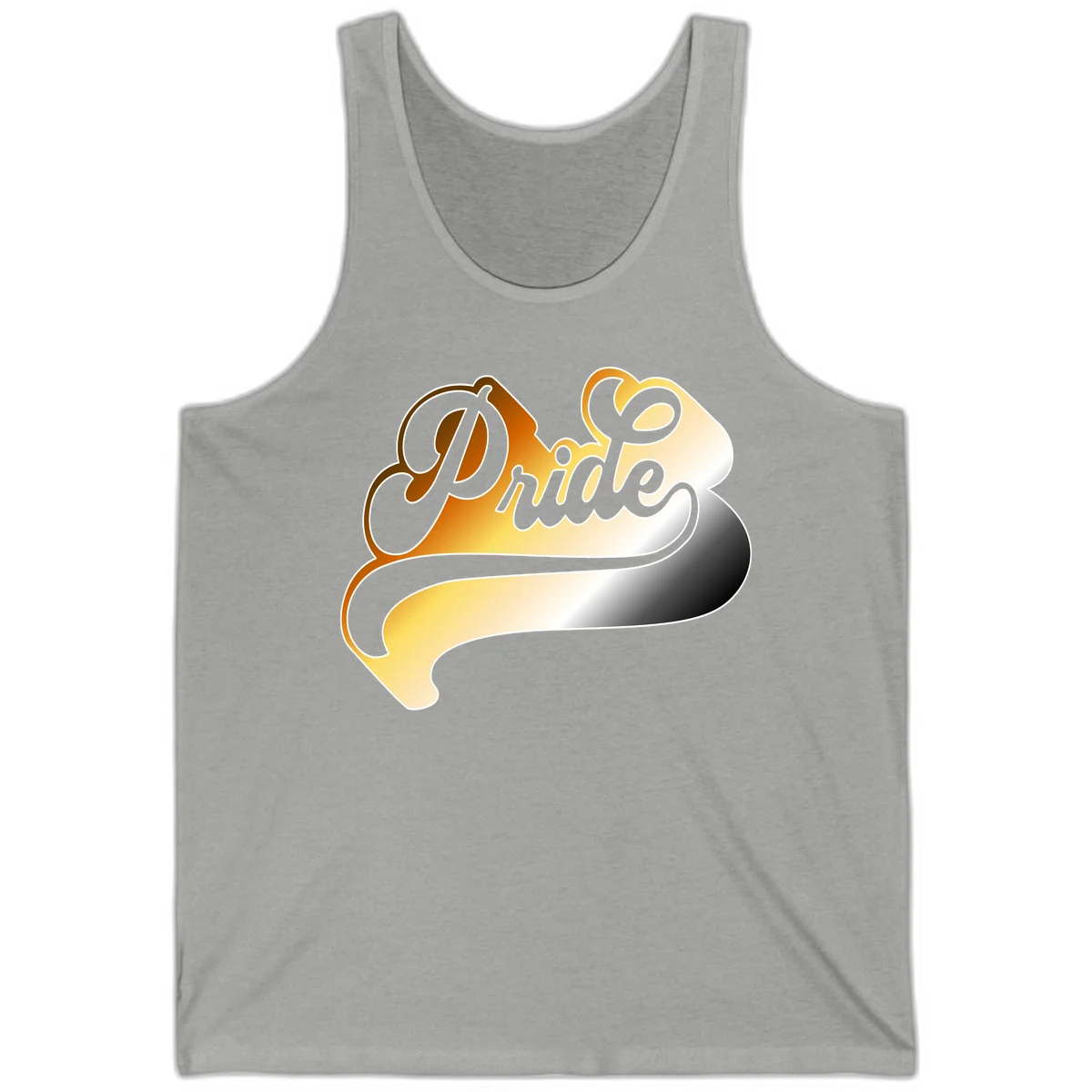 Pride script gradient design with elegant gray lettering on warm orange-to-cream flowing ribbon background in Athletic Heather