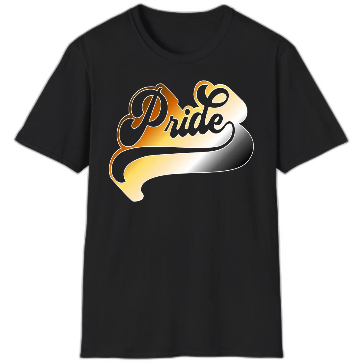 Pride script gradient design with elegant gray lettering on warm orange-to-cream flowing ribbon background in Black